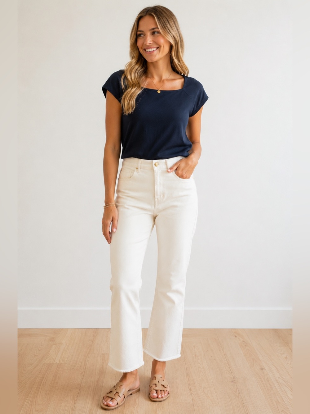 St. John White Stretch Denim Jeans Luxe Straight Leg Gold Logo Hardware